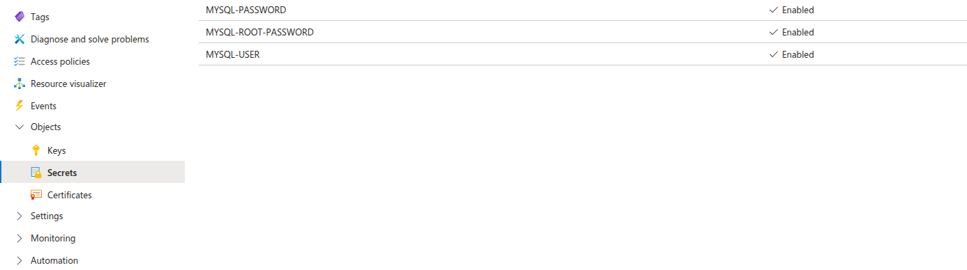 Azure Key Vault showing MYSQL-PASSWORD, MYSQL-ROOT-PASSWORD, MYSQL-USER secrets as Enabled