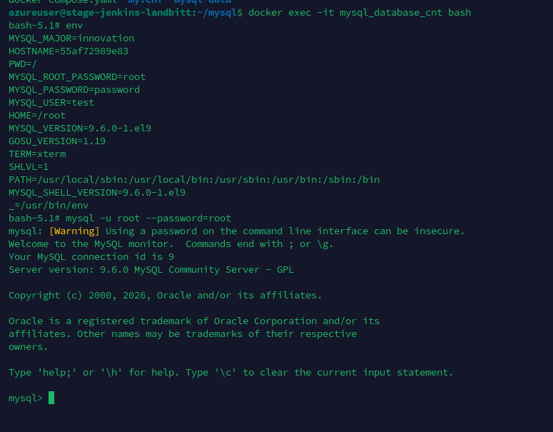 Container environment and MySQL login showing secrets injected from Azure Key Vault