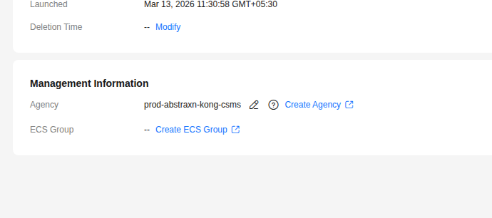ECS Instance Management Information showing agency prod-abstraxn-kong-csms attached