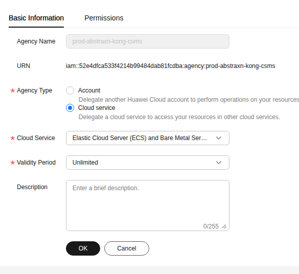 IAM Agency Basic Information - Agency Type set to Cloud Service for ECS