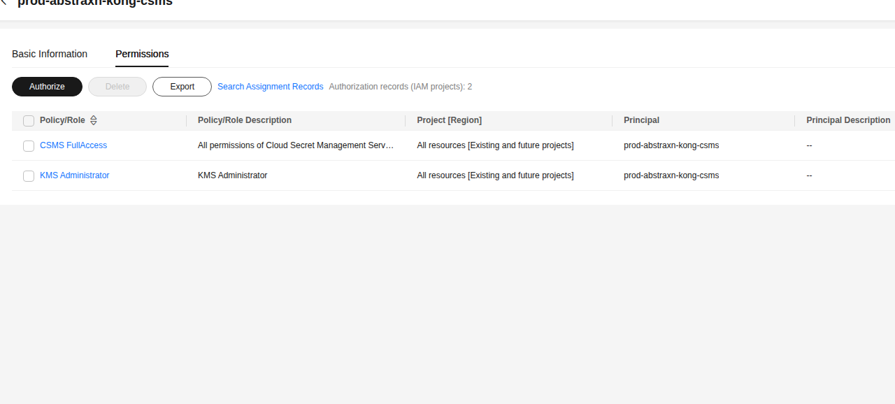 IAM Agency Permissions showing CSMS FullAccess and KMS Administrator